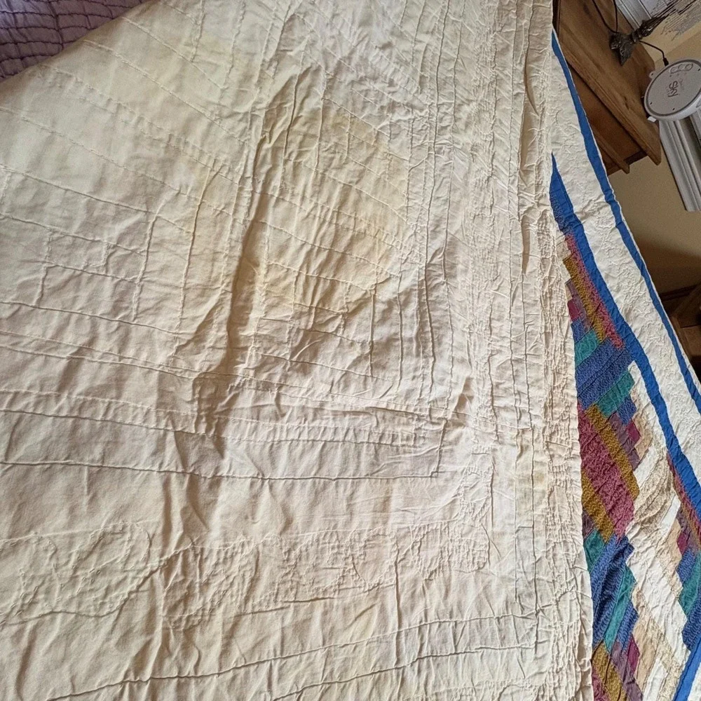 Antique 1930s Log Cabin Quilt Full Size Handmade Barn Raising Pieced Backing